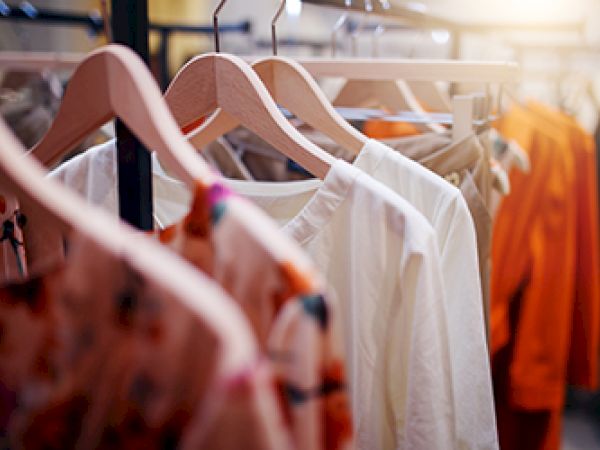 A row of assorted clothes on wooden hangers in a well-lit setting, displaying various colors and fabrics.