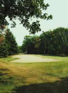 A golf course with a sand trap, surrounded by lush trees and green grass under a clear sky, creating a peaceful outdoor scene.