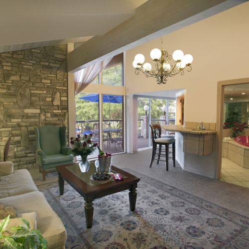 A cozy living room with stone walls, a chandelier, sofa, armchair, and coffee table; a kitchen and patio with greenery are visible.
